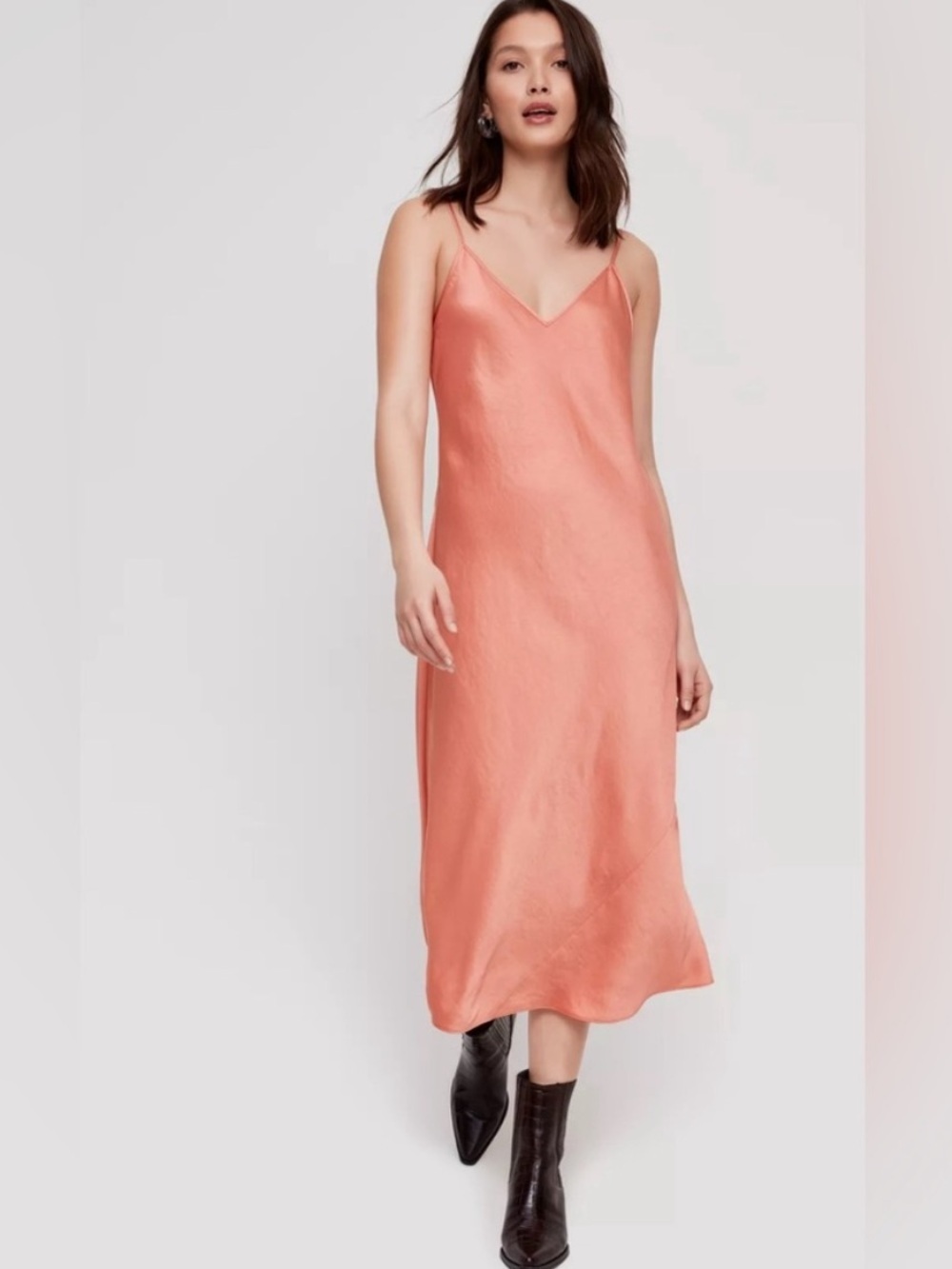 NWT Wilfred Mille Slip Dress 100% Cupro Ruffled Tawny Orange Romantic Feminine